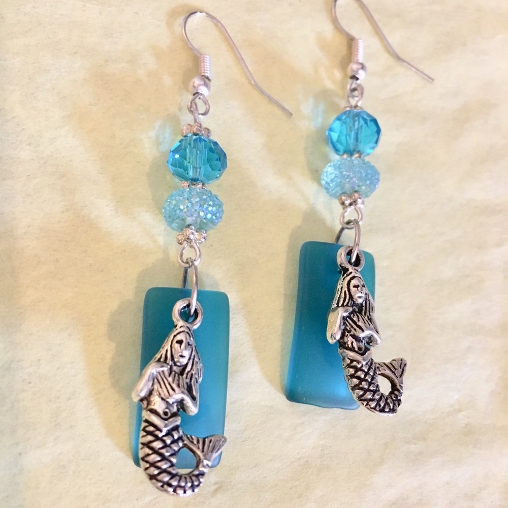 Mermaid and blue sea glass earrings new